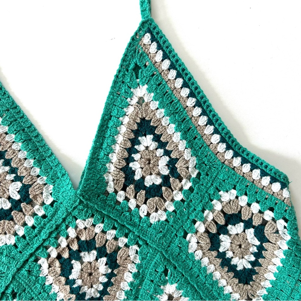 Boho Turquoise Green Crochet Knit Granny Square Sweater Crop Tank Top - Picture 2 of 5
